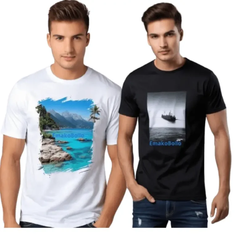 t-shirt personnalisé pas cher noir et blanc avec des photos portés par 2 hommes