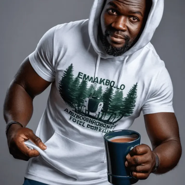 Un homme arborant un vêtement personnalisé sweat à capuche tenant une tasse de café en main,