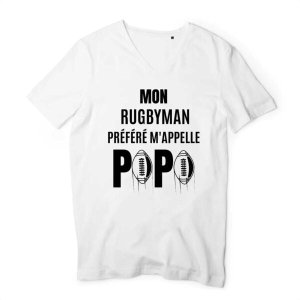T-shirt Homme Col V - 100 % coton bio - TM044 : MON RUGBYMAN PREFERE M'APPELLE PAPA