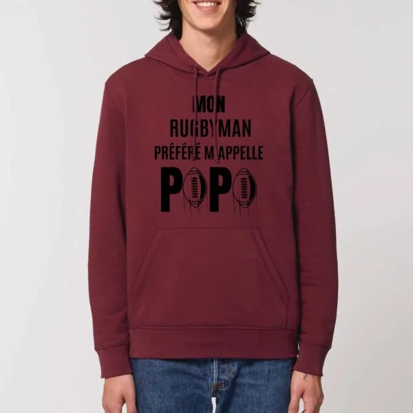 Sweat à capuche BIO Unisexe - DRUMMER : MON RUGBYMAN PREFERE M'APPELLE PAPA