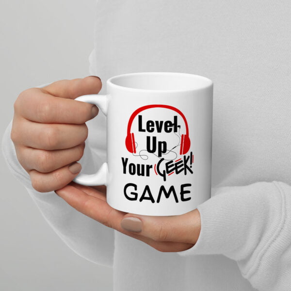Mug blanc brillant level up your geek game: cadeau ultime geek. – Image 2