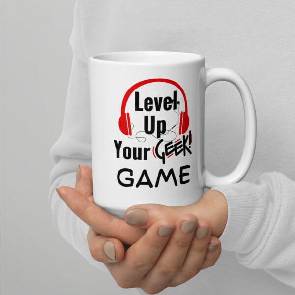 Mug blanc brillant level up your geek game: cadeau ultime geek. – Image 5