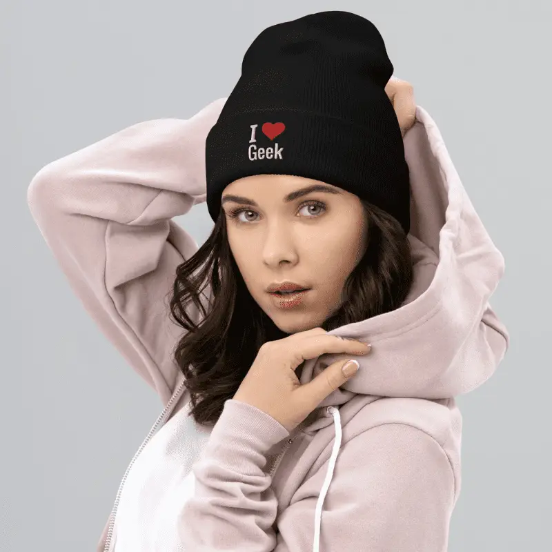 Bonnet à revers I love geek noir avec broderie blanche