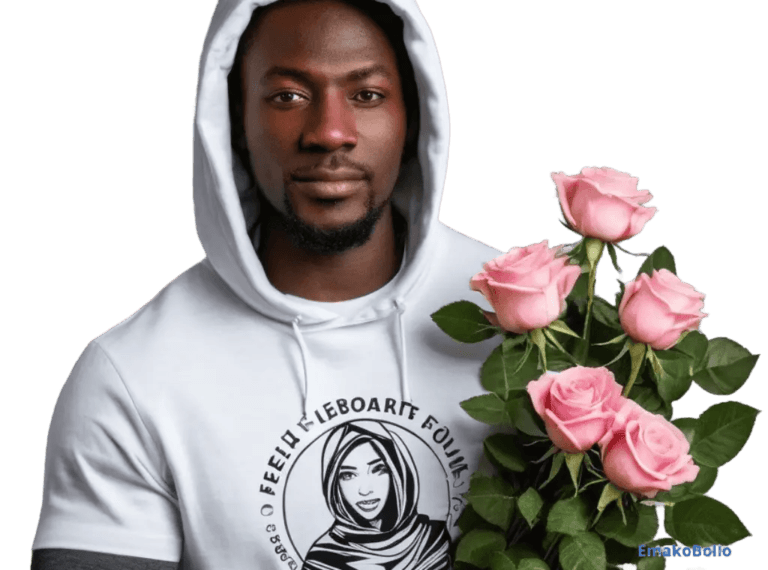 Un homme en sweat à capuche personnalisé EmakoBollo tenant des fleurs en main en signe de cadeaux romantiques