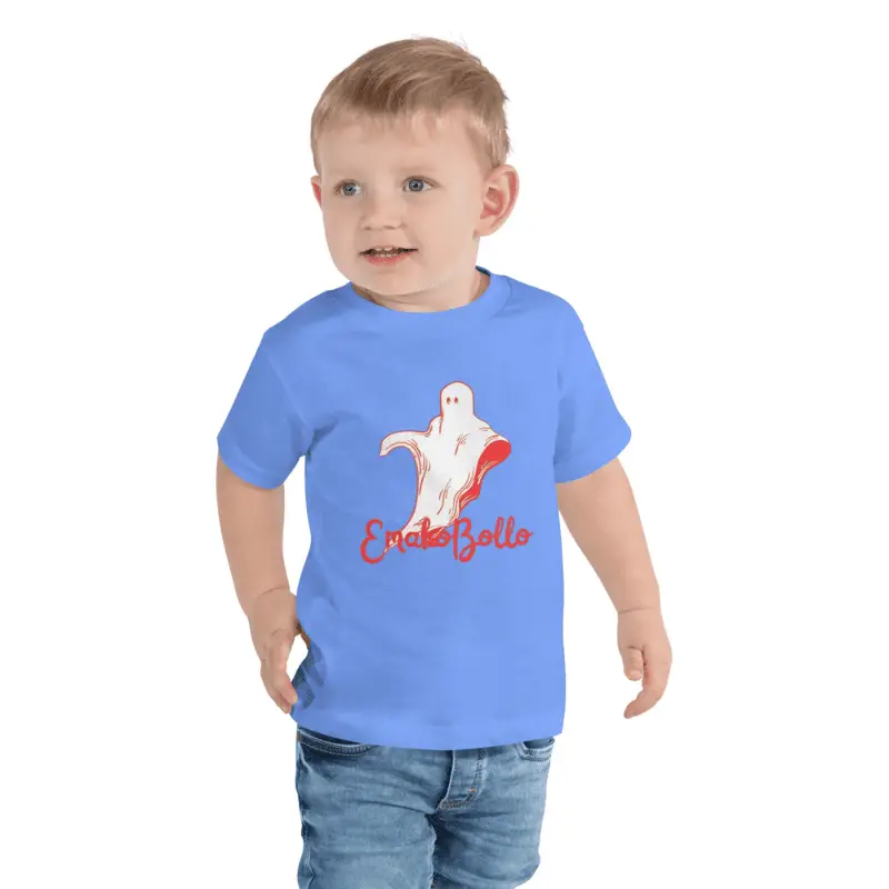 enfant en bas âge souriant arborant un t-shirt enfant manches courtes bleu azur chiné EmakoBollo Halloween