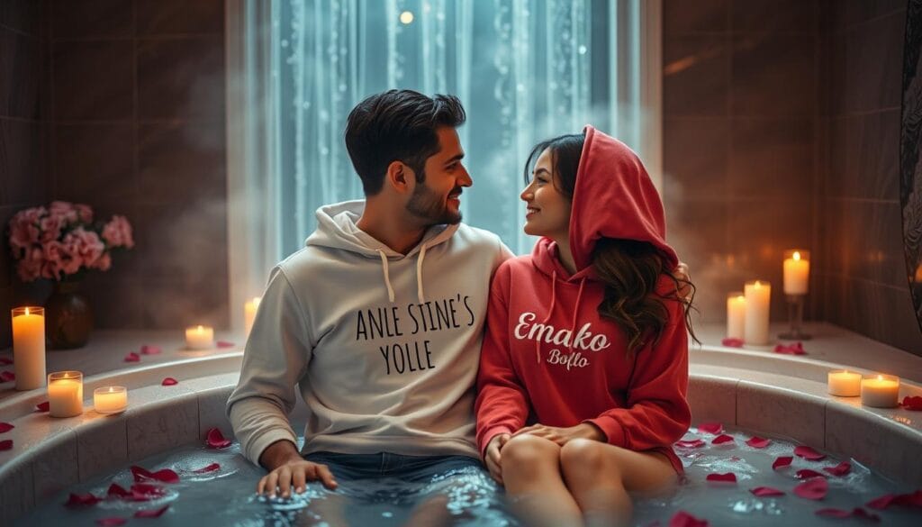 Idées cadeaux romantiques de noel d'un couple dans un spa avec des sweat à capuche personnalisés EmakoBollo.