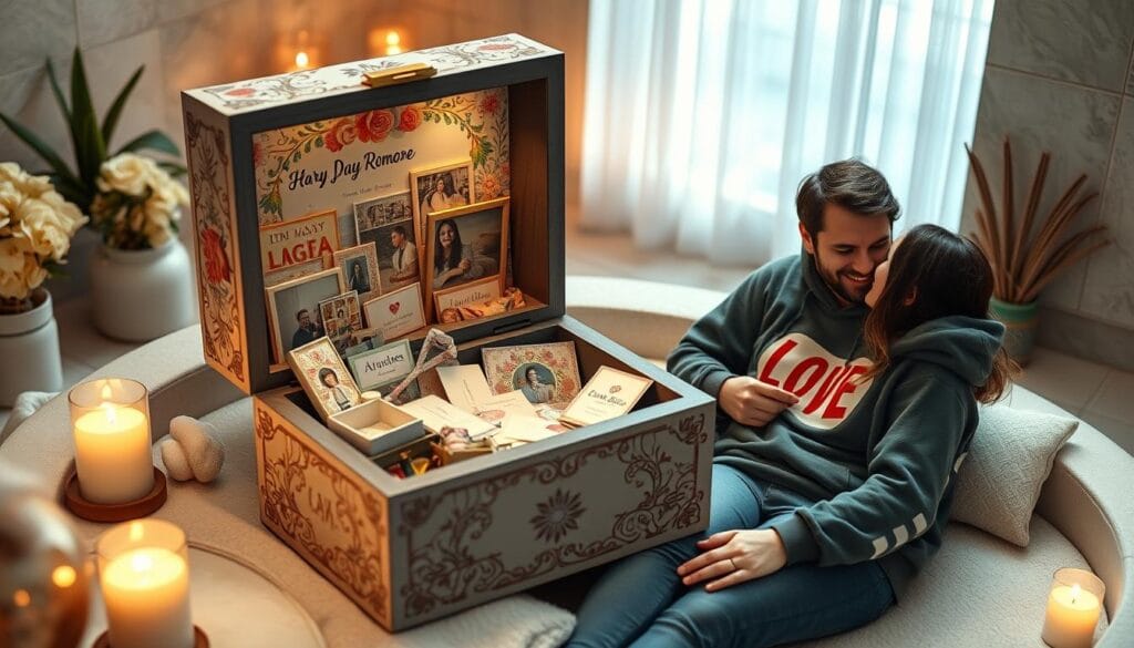 un coffret remplit d'idées cadeaux romantiques personnalisés. n couple amoureux autour des bougies blanches allumés.