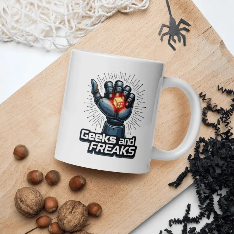 photo d'un mug blanc brillant robo dice imprimé geeks and freaks