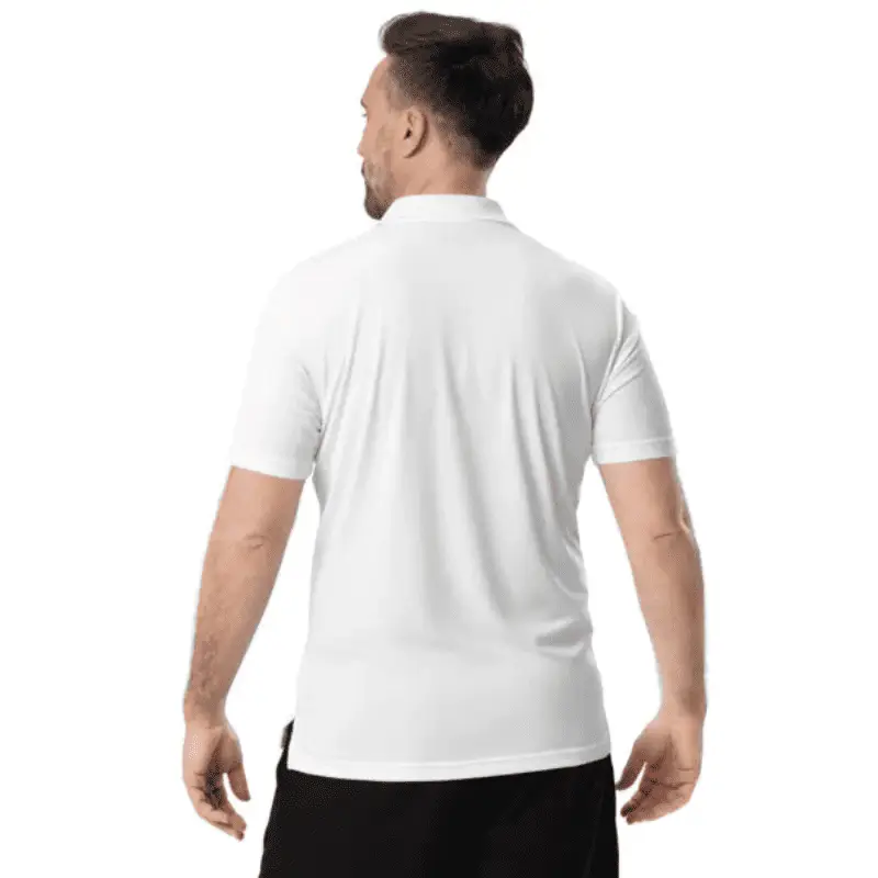 Polo adidas Performance Robo Dice blanc arboré par un homme vue de dos. Tenue Pro et Élégance !