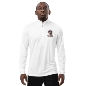 Homme arborant un Pull avec fermeture éclair léger et éco-responsable blanc imprimé Geeks and Freaks.