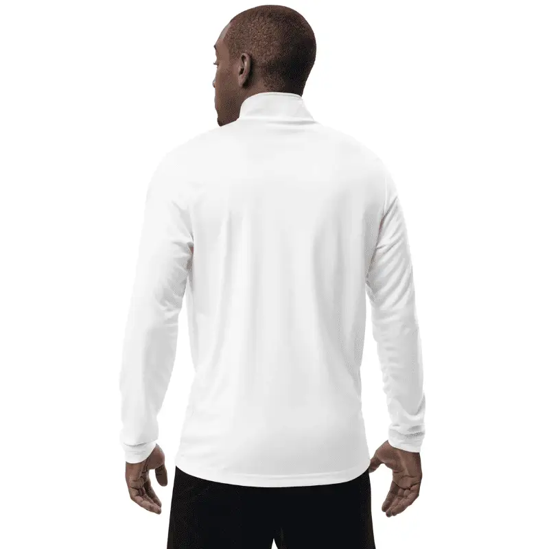 Pull avec fermeture éclair recyclé sec, léger et style adidas unique. Arboré par un homme vu de dos.