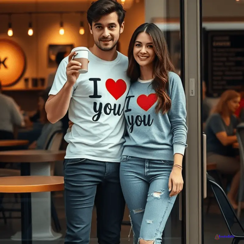 photo d'un couple arborant un t-shirt i love you et l'homme tiens un mug en mug couple kado unique
