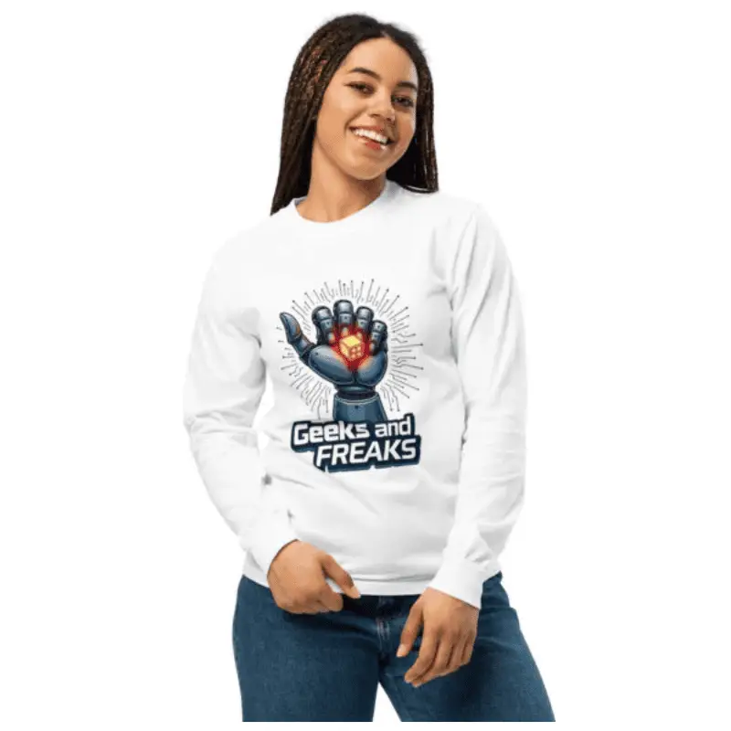 Image d'une femme souriante arborant un Haut manche longue blanc unisexe L'originalité Robo Dice