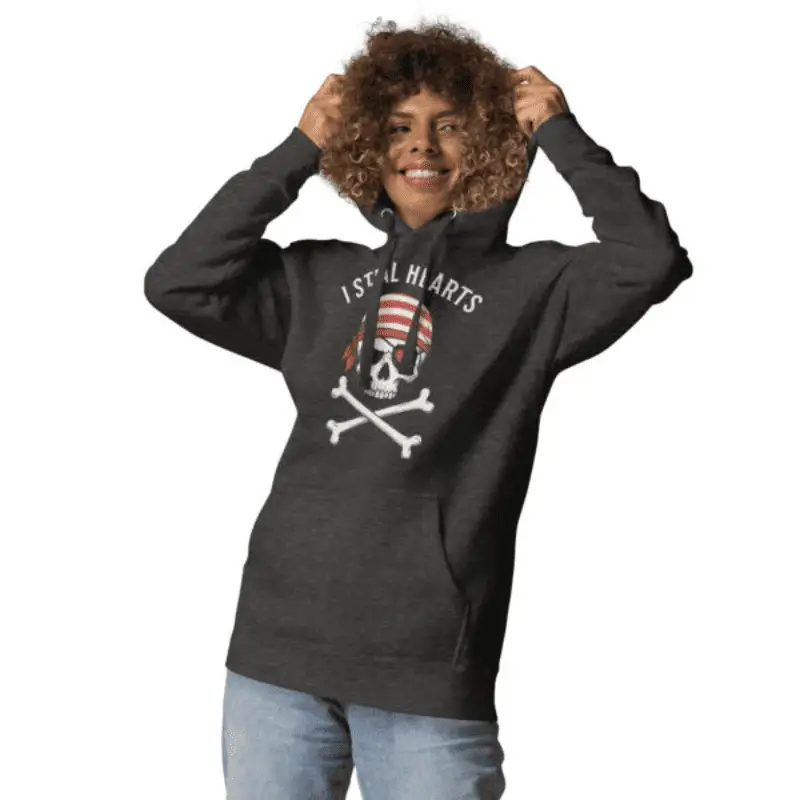 Pull à capuche pirate fun et original, Sweat à capuche charcoal hearther I Steal Hearts pour amoureux