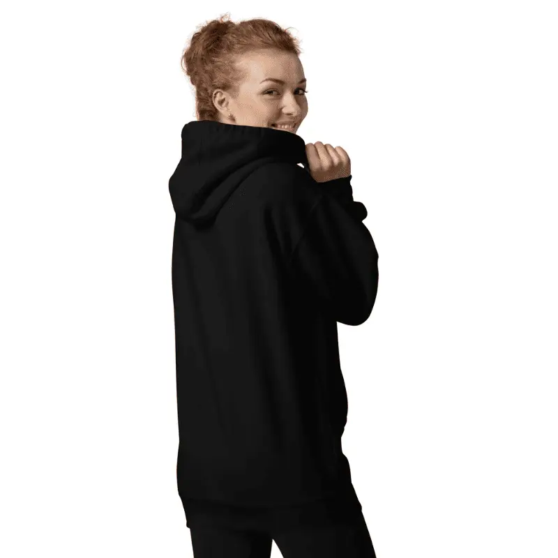femme de dos arborant un sweat capuche feat noir imprimé Flat Mars Society.