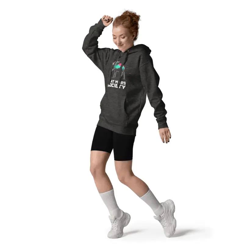 Femme portant un sweat capuche feat charcoal heather imprimé Flat Mars Society.