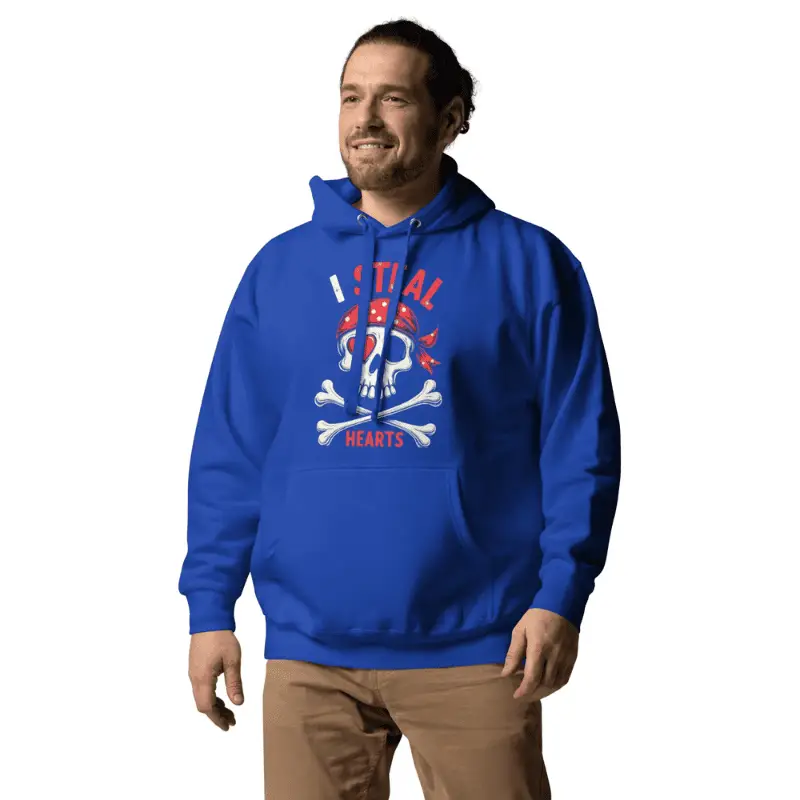 homme age moyen arborant un sweat à capuche pirate love Team Royal