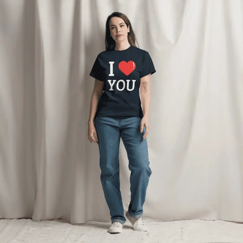 Femme âge moyen portant T-shirt I love you bleu marine