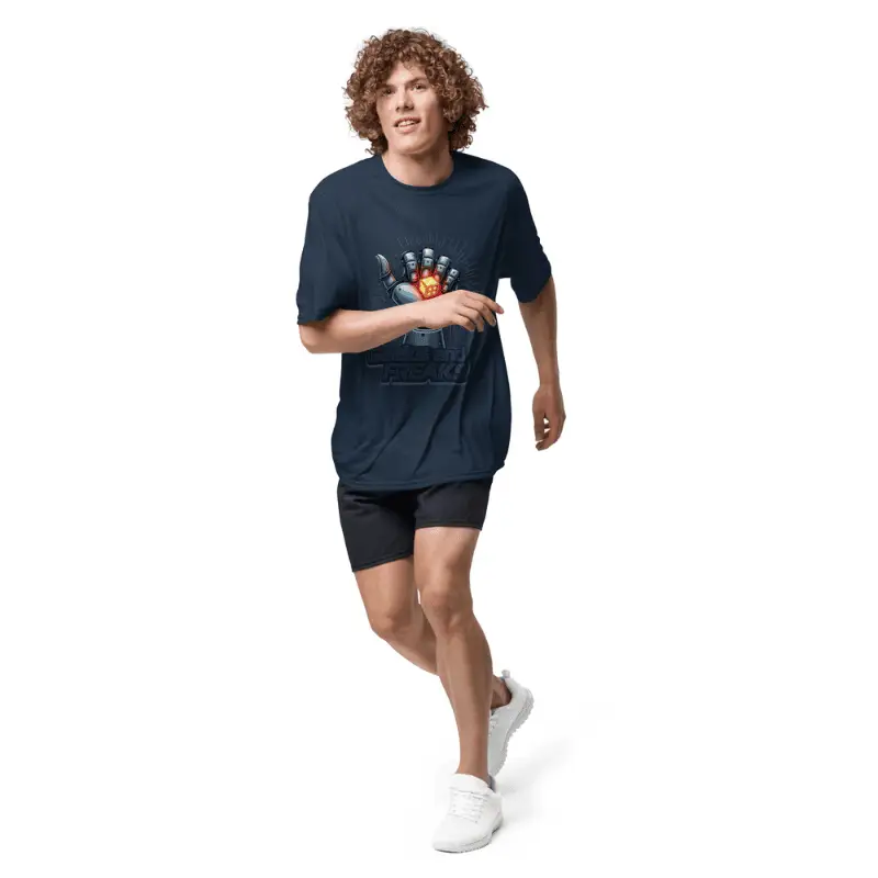 Homme âge moyen portant un t-shirt de sport A4 N3142 robo dice bleu marine pour athlètes