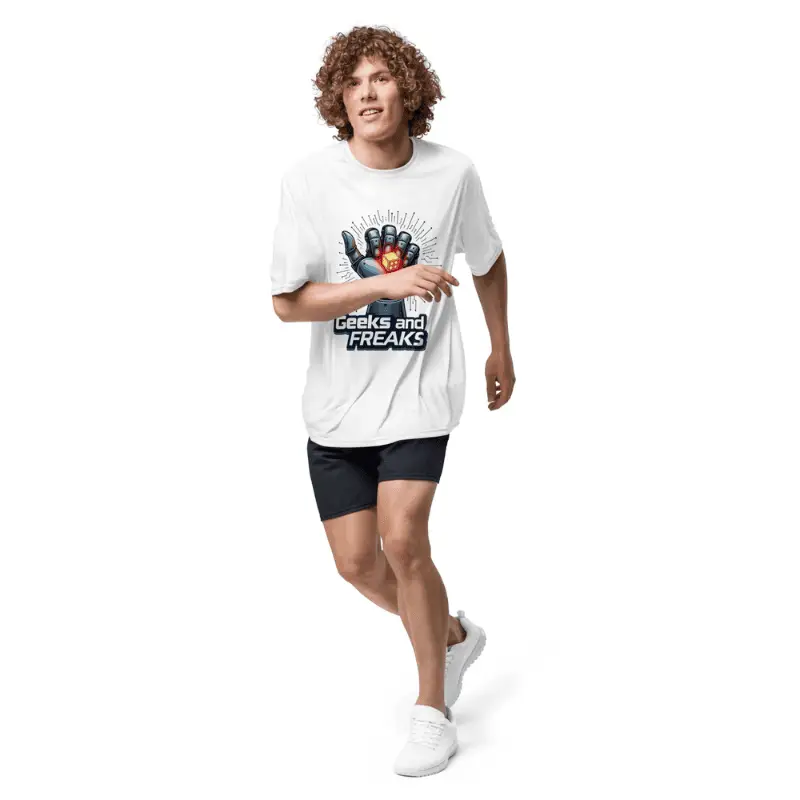 Jeune homme arborant un T-shirt de sport unisexe A4 N3142 robo dice blanc Top qualité.