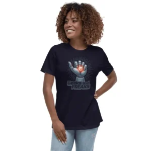 Femme souriante arborant un Tee shirt femme Robo Dice lbleu marine