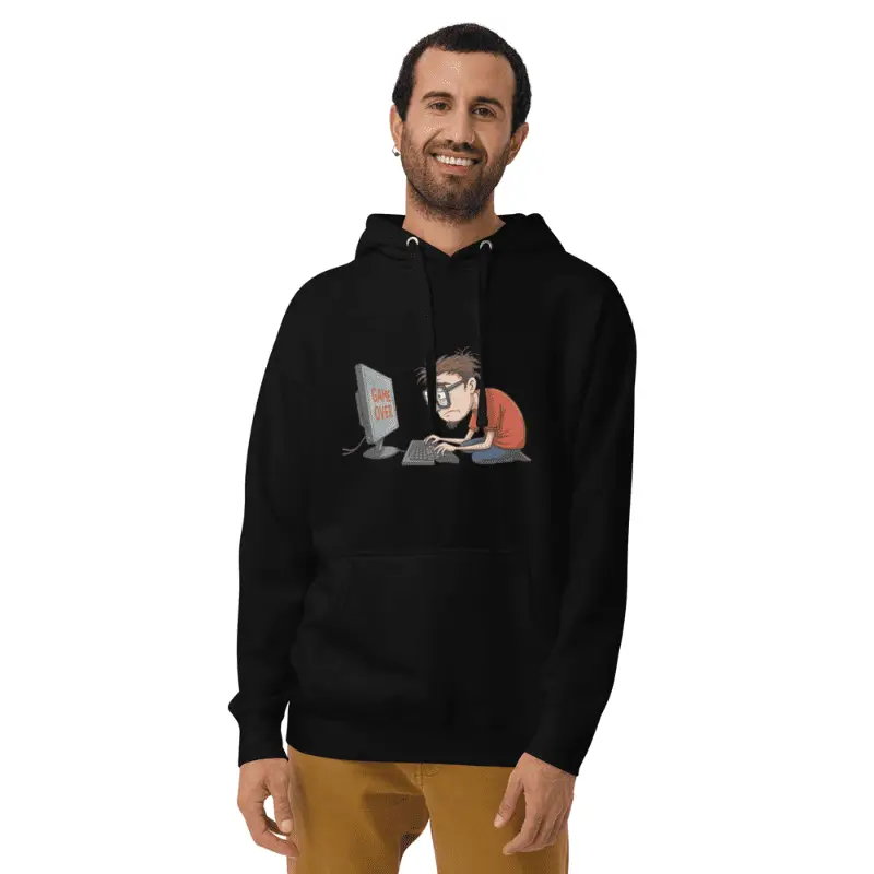 homme souriant arborant un pull à capuche personnalisé noir game over