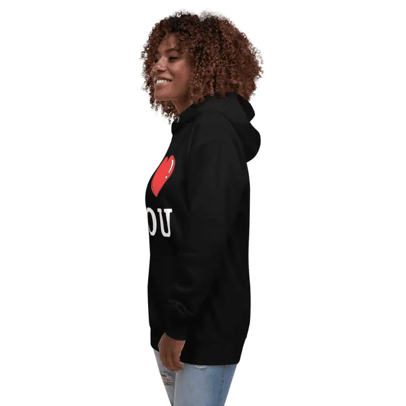 sweat à capuche classique I Love You porté par une femme vu de profil
