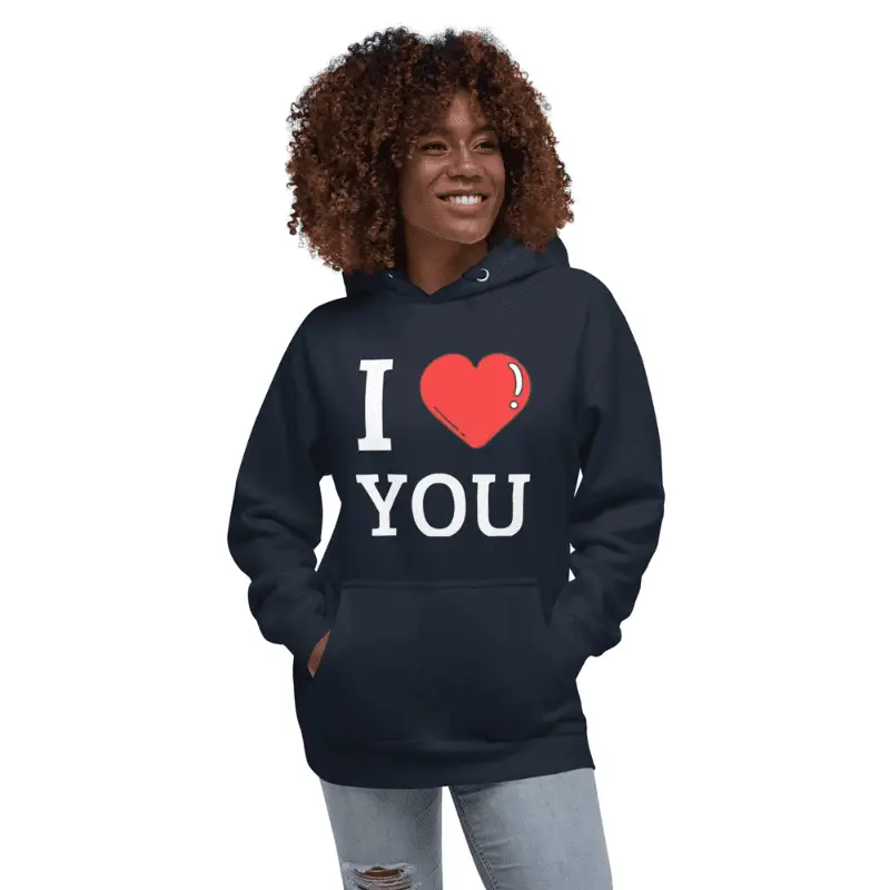 femme souriante arborant sweat à capuche classique bleu marine I Love you