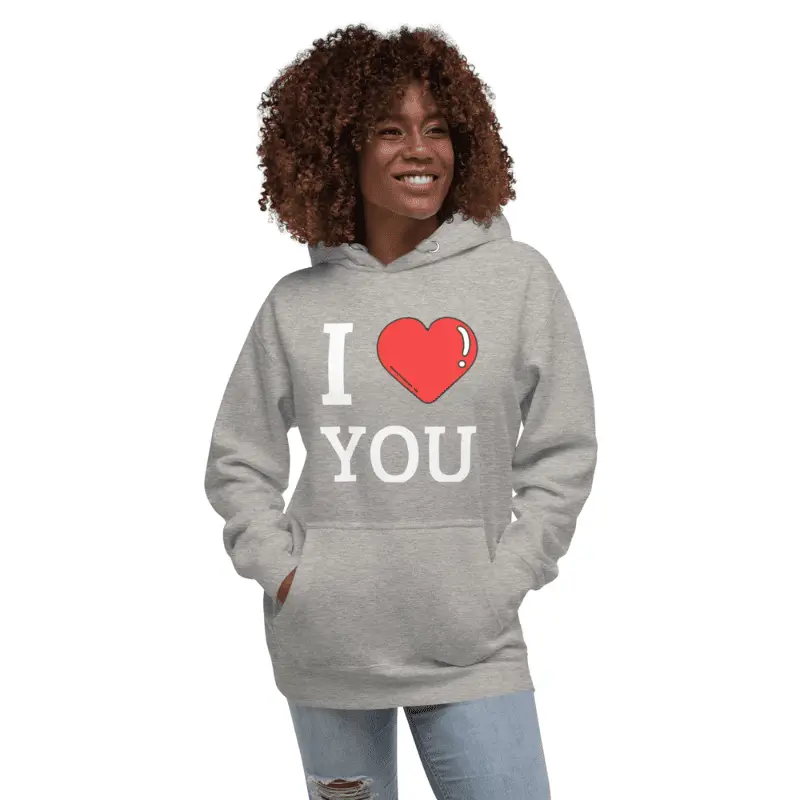 sweat à capuche classique unisexe carbon grey I LOVE YOU porté par une femme.