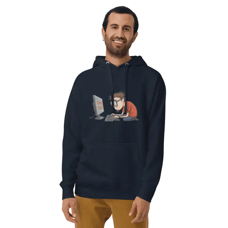 Homme âge moyen arborant sweat à capuche personnalisé geek navy blazer game over.