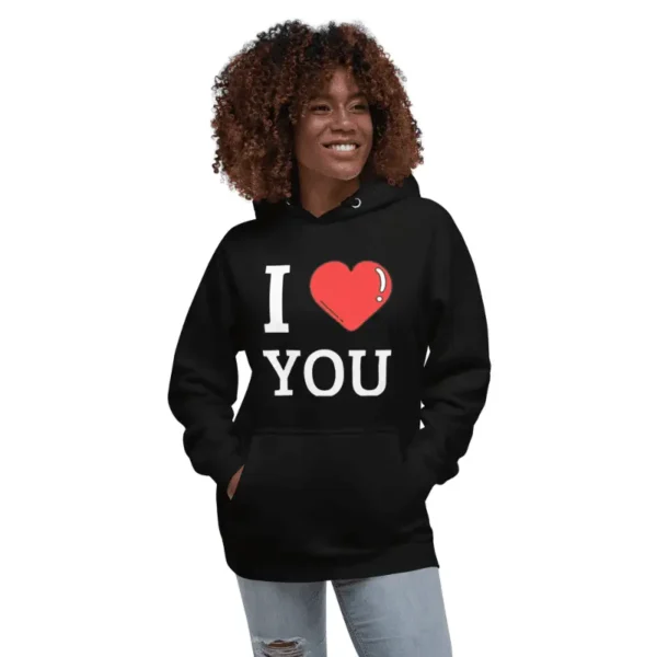 Femme âge moyen arborant un sweat à capuche classique unisexe noir I LOVE YOU