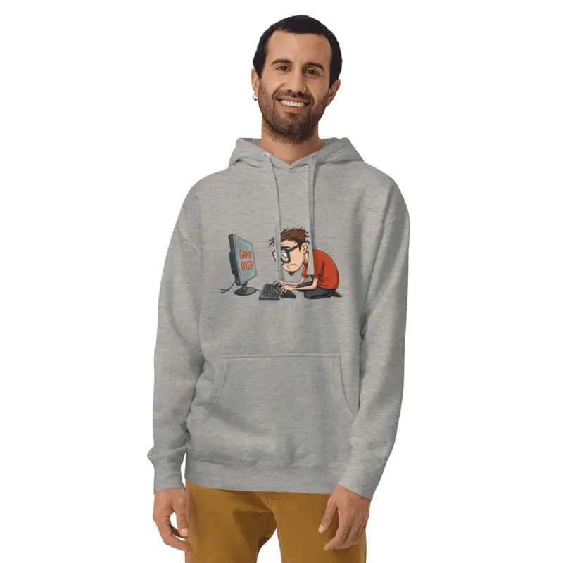 homme souriant portant un pull à capuche personnalisé carbon grey game over
