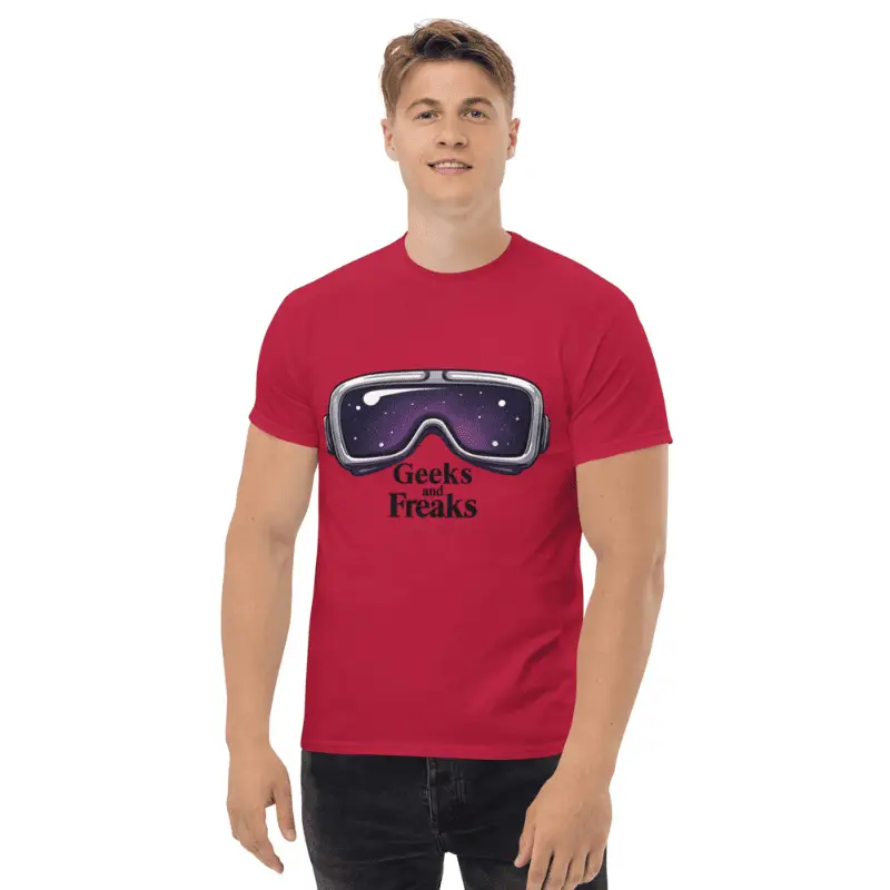homme portant un t-shirt retro gaming rouge cardinal