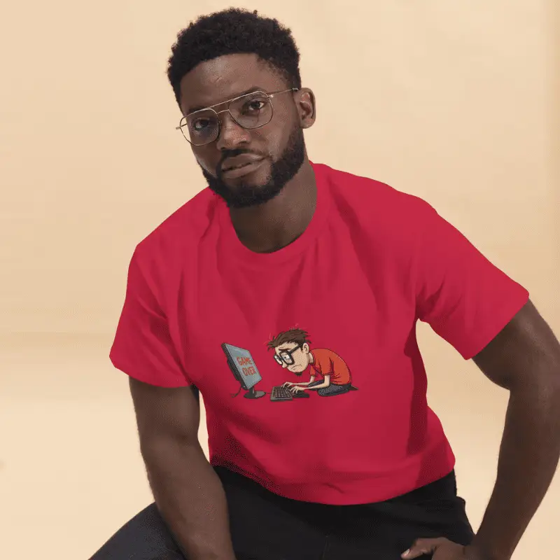 tee shirt classique game over rouge cardinal arboré par un jeune homme assis
