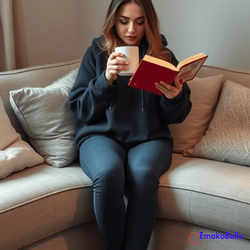 Une jeune femme, confortablement installée sur un canapé, buvant dans un mug assorti EmakoBollo au sweat à capuche noir. Elle lit un livre.